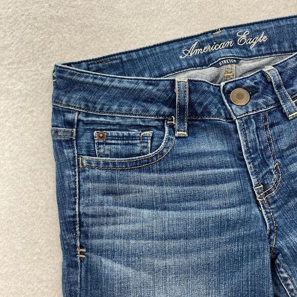 American‎ Eagle Jeans Women's 28 Hipster Flared Leg Blue Denim Distressed Y2K - Picture 4 of 15